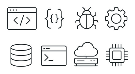 Programming and development icons set – linear, coding and tech design elements