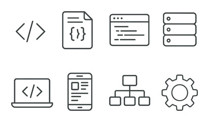 Web development linear icons set – outline, coding and programming symbol pack