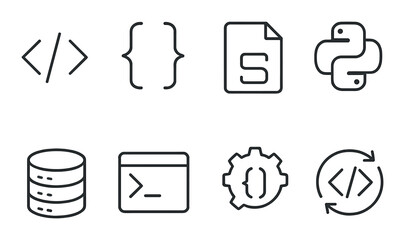 Coding and programming outline icons set – linear, tech and development symbols