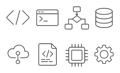 programming and development outline icons set – linear, coding and software design symbols