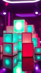 Aufkleber - Abstract Glowing Cubes, Neon Lights And Reflections. Vibrant Colors Create A Dynamic Backdrop. Futuristic Style. Modern Visuals. Striking Imagery.