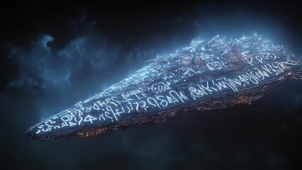Wall Mural - Vast spaceship hovers in deep space, adorned with glowing alien symbols and intricate designs, creating an otherworldly and mysterious atmosphere