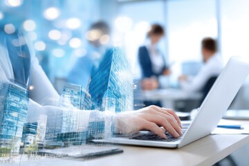 Poster - Hands Typing on Laptop in Bright Office With Cityscape Overlay, Representing Modern Business Solutions and Digital Transformation in the Workplace : Generative AI