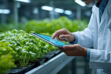 Poster - Scientist Using Tablet in Greenhouse with Lush Plants, Illustrating Agricultural Technology and Sustainable Innovation for Food Production and Research : Generative AI