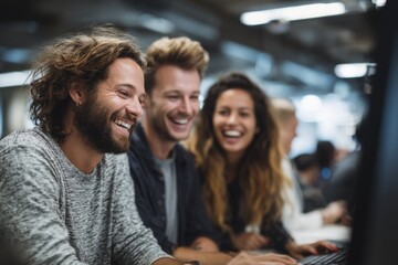 Aufkleber - Smiling Colleagues Working Together in Modern Office, Representing Teamwork and Positive Workplace Culture for Recruitment and Employee Engagement Campaigns : Generative AI