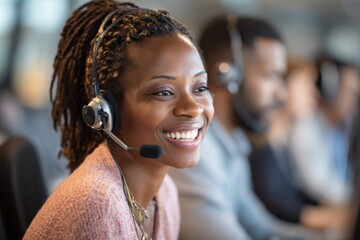 Aufkleber - Smiling African American Woman Wearing Headset in Office, Representing Customer Service and Professional Communication for Business Solutions and Support : Generative AI
