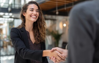Aufkleber - Smiling Woman Shaking Hands in Modern Office, Representing Business Partnership and Successful Collaboration, Building Trust and Professional Networking : Generative AI