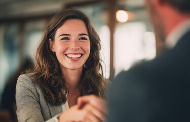 Aufkleber - Smiling Woman in Business Meeting Shaking Hands, Representing Partnership and Professional Collaboration in a Modern Office Setting : Generative AI