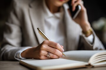 Aufkleber - Businesswoman on Phone Taking Notes in a Notebook, Representing Productivity and Strategic Planning for Corporate Growth and Professional Development : Generative AI