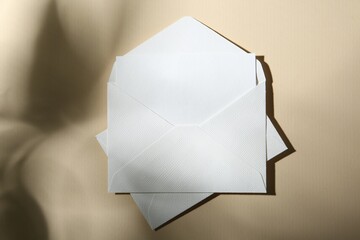 Wall Mural - Blank greeting card and paper envelopes on beige background, top view