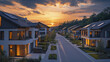 © KeJayStudio - Modern suburban houses at sunset create serene atmosphere in new development