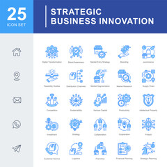 strategic business innovation icon set covering digital transformation, branding, market entry, inve