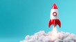 © InfiniteStudio - Rocket launching into the sky with a plume of smoke against a blue background at daytime capturing the excitement of exploration