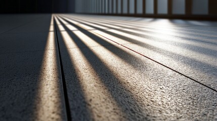 Fototapete - Sunlight streams through windows, casting dramatic shadows on the textured flooring of a contemporary corporate space. The sharp lines create an intriguing visual effect, enhancing the atmosphere