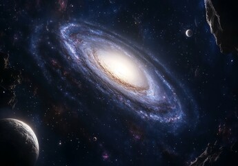 Wall Mural - Spiral Galaxy in Deep Space with Planets and Stars