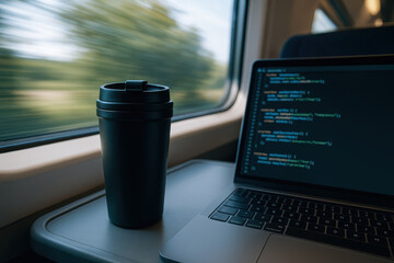 freelancer and ai developer working on code with laptop and coffee cup on train table during travel 