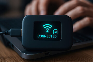 ai connected device on laptop with hands typing in background representing developer and freelancer 