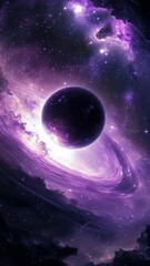 Wall Mural - a cosmic scene with a purple planet and swirling rings, viewed from a low angle. the vibrant, space-