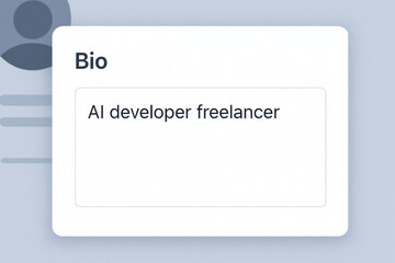 ai developer freelancer working on professional bio text in clean user interface design with soft bl
