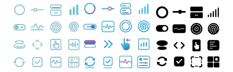 Technology and data icon collection: line, filled, and gradient designs set