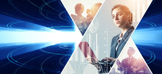 Aufkleber - Collage of various business images. Wide angle visual for banners or advertisements.