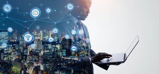Poster - Collage of business people using laptops and digital networks. Wide angle visual for banners or advertisements.