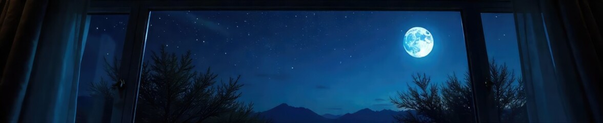Wall Mural - Dark, starlit night sky visible through a bedroom window, moonlight illuminating a portion of the ceiling  Perfect for relaxation, sleep, and celestial themes ,  bedtime,  astronomy,  room