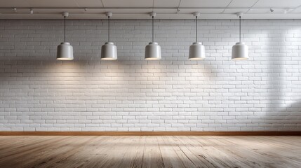 Fototapete - The bright white brick wall is enhanced by stylish overhead lights, creating an inviting atmosphere in a contemporary space with warm wooden flooring