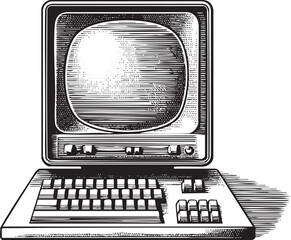 vintage computer monitor displays a static  accompanied by a classic keyboard.