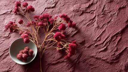 Fototapete - A dried bouquet of burgundy flowers rests elegantly next to a small bowl of similar blossoms, showcasing rich textures in a calm and inviting space. The earthy background enhances the colors