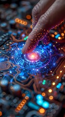 Wall Mural - digital technology blue neon light finger clicks on the screen poster background