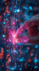 Wall Mural - digital technology blue neon light finger clicks on the screen poster background