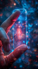 Wall Mural - digital technology blue neon light finger clicks on the screen poster background