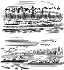 Wall Mural - Black and white depicts a serene landscape featuring rolling and a calm body of water.