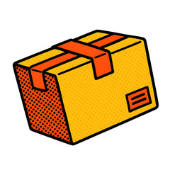 Poster - A stylized geometric of a vibrant orange and yellow shipping or delivery package with stripes and a minimalist design