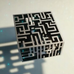 Aufkleber - A metallic cube featuring an intricate maze pattern casts geometric shadows on a light surface.