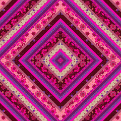 Wall Mural - Beautiful vintage patchwork pattern with stripes decorated with flowers and paisley in fuchsia, brown, mocha mousse and blue tones. Boho print for napkin, tablecloth, carpet, pillow.