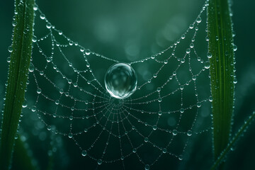 Spider web covered in morning dew drops in nature closeup view