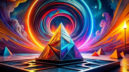 Wall Mural - Psychedelic Pyramid in a Swirling Vortex of Colorful Nebulae and Celestial Clouds