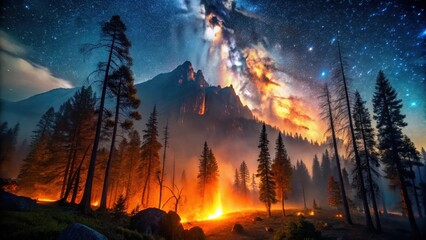 Wall Mural - Night Fire in a Coniferous Forest Against a Starry Sky and Majestic Mountain
