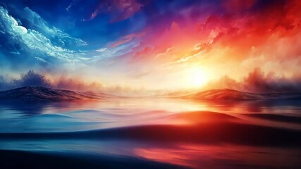 Wall Mural - sunrise over calm ocean waters with mountains in the distance
