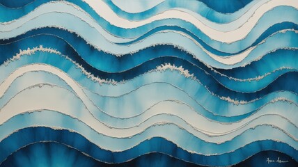 Wall Mural - Azure Rhythmic Undulations: An Abstract Seascape Painting with Glistening Silver Accents and Flowing Textures