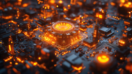 Wall Mural - complex network of circuits glowing with vibrant orange energy showcasing advanced manufacturing