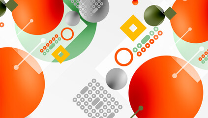 Fototapete - Abstract geometric shapes overlap. Circles, squares, dots create playful composition. Light colors dominate design. Minimalist style.