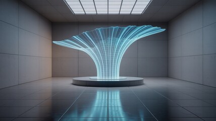 Wall Mural - luminous blue technological funnel displayed in a modern minimalist showroom environment