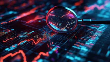 Financial chart and data analysis focused under a magnifying glass for detailed examination