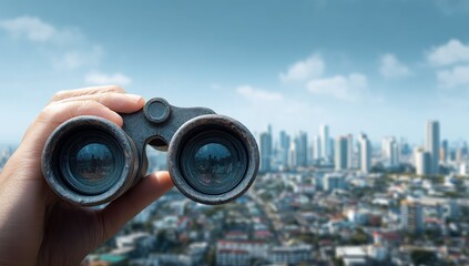 binoculars held with cityscape background and blue sky