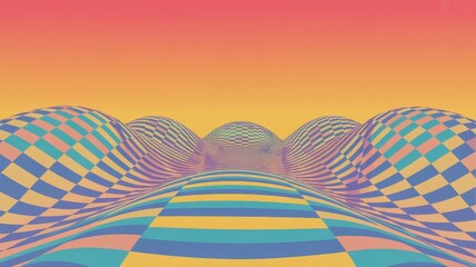 Wall Mural - surreal checkered hills flowing under a luminous gradient sky