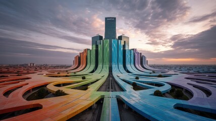 Wall Mural - vibrant rainbow metropolis: a futuristic cityscape with cascading colorful architectural streams