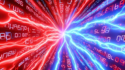 Wall Mural - data stream, digital tunnel, binary code, red and blue glowing light abstract background.